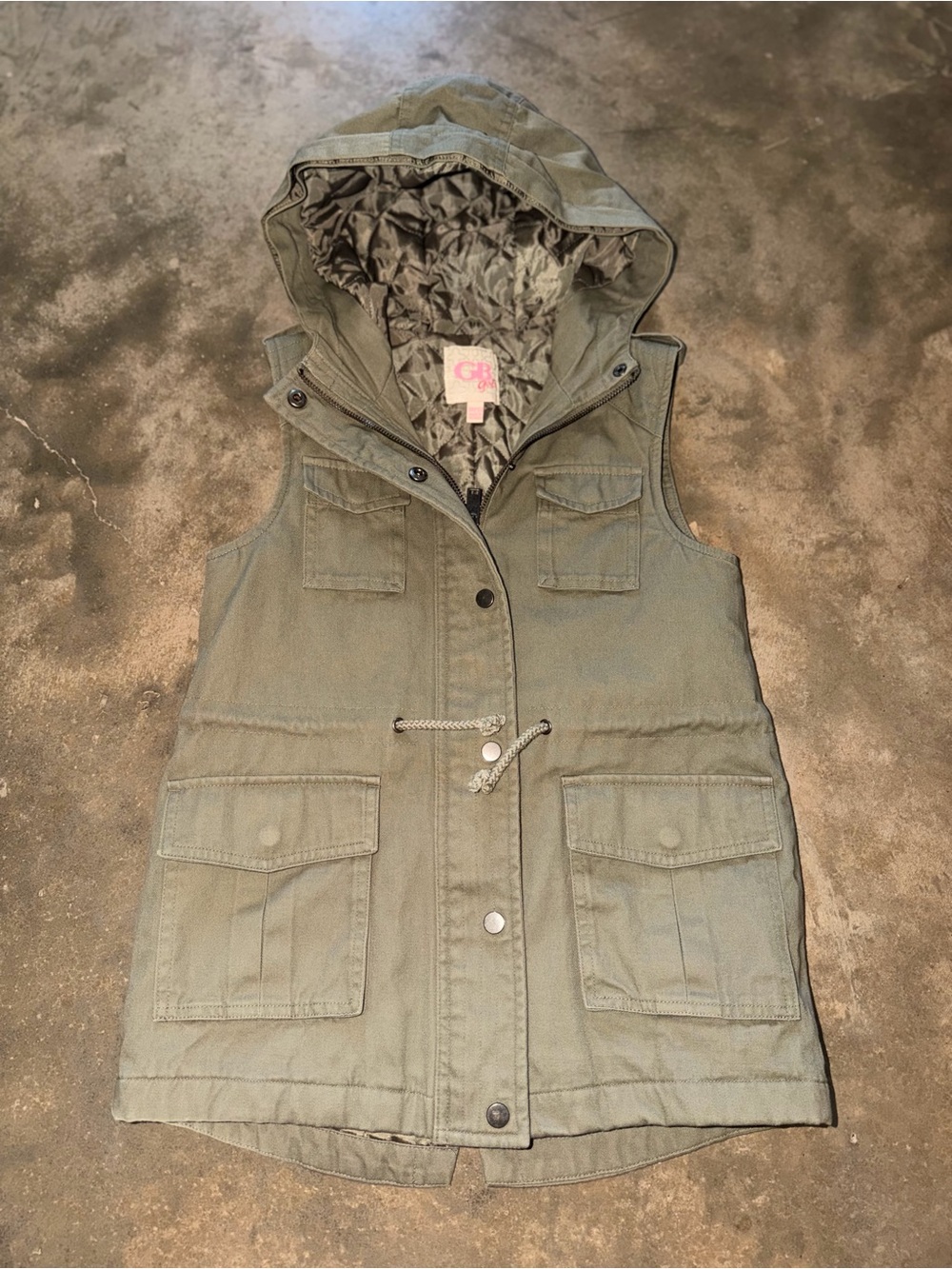 GB Girls Olive Green Hooded Utility Cargo Vest Quilted Lined 10 12 School Fall